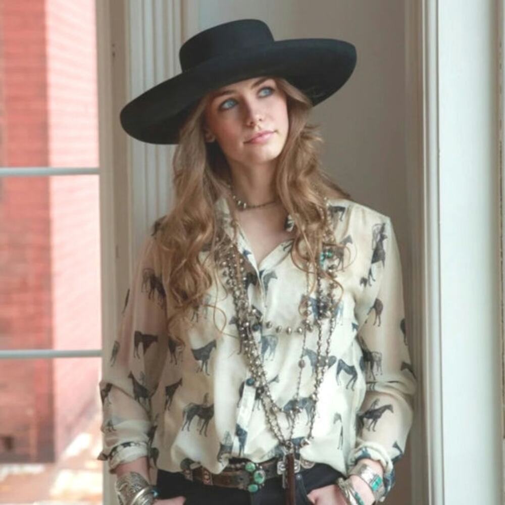 Tasha Polizzi Stallion Print Chiffon Blouse Button Down Shirt Size Medium - Picture 1 of 9